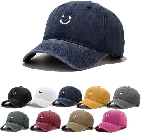 قبعة بيسبول لطيفة على شكل وجه مبتسم للنساء والرجال، قبعة أبي من القطن المغسول العتيق قابلة للتعديل in Kuwait