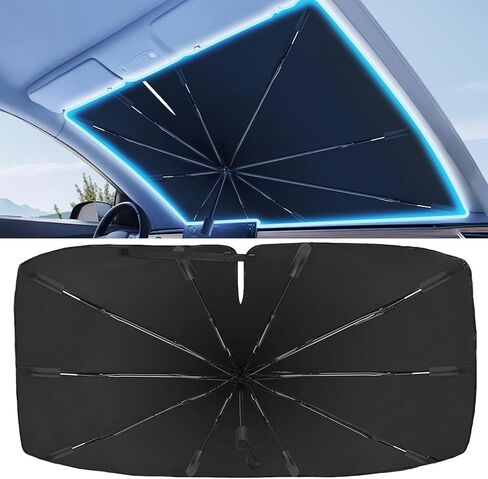 2025 Windshield Sun Shade Frame with Thickened Fast Cooling, Emergency Window Breaker, 99% UV Blocking Protects Car from Sun and Heat Damage, Adjustable Bendable Design for SUV/Sedan/(57" L x 32" W) in Kuwait