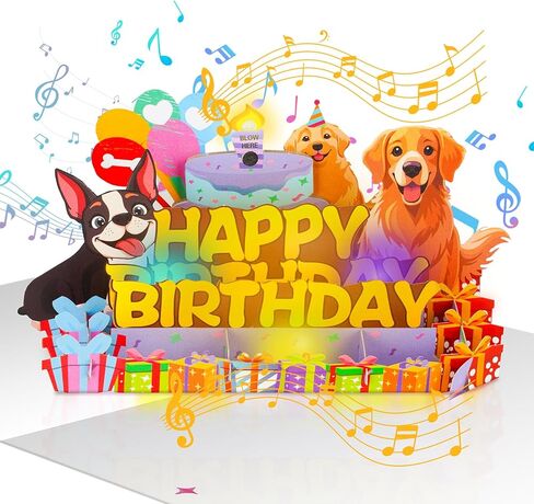 Dog Birthday Cards Pop Up 3D Cake - Music & Blow Out Candle Light, Dog Lover Greeting Card, Funny Cute Puppy Birthday Card Gifts for Men, Women, Boys, Girls, Dad, Mom, Friends, Husband, Wife in Kuwait