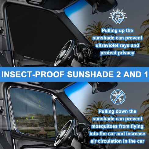 طبقة مزدوجة من النوافذ الجانبية، شاشة حشرات مغناطيسية للأبواب الأمامية، شاشة حشرات نافذة زوجية وستارة شمسية متوافقة مع Ford E-Series/Econoline/Club Wagon 2003-2021 in Kuwait