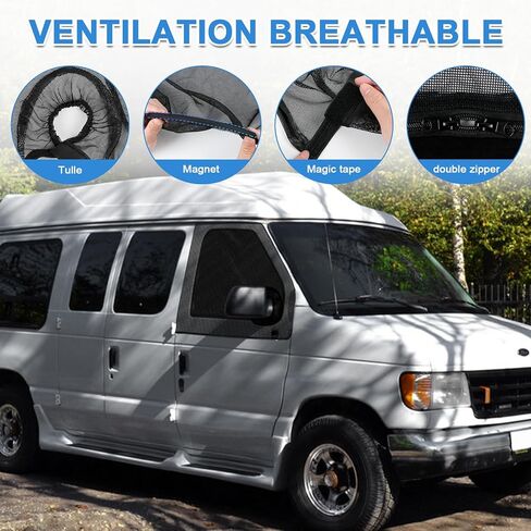 طبقة مزدوجة من النوافذ الجانبية، شاشة حشرات مغناطيسية للأبواب الأمامية، شاشة حشرات نافذة زوجية وستارة شمسية متوافقة مع Ford E-Series/Econoline/Club Wagon 2003-2021 in Kuwait