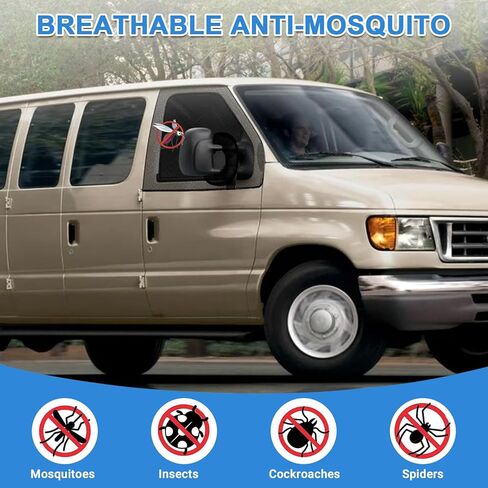 طبقة مزدوجة من النوافذ الجانبية، شاشة حشرات مغناطيسية للأبواب الأمامية، شاشة حشرات نافذة زوجية وستارة شمسية متوافقة مع Ford E-Series/Econoline/Club Wagon 2003-2021 in Kuwait