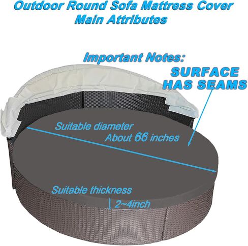 Round Outdoor Daybed Cushion Cover Replacement, Anti-UV Water-Resistant Patio Sunbed Cover with Elastic Band, Spliced Design for Sun Bed Accessories (Cover Only) (Dark Gray, 66" * 66") in Saudi Arabia