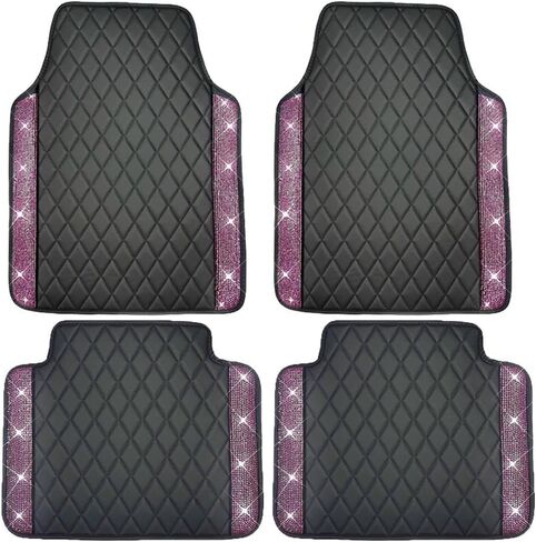 Universal Car Floor Mats,Faux Black Leather with Pink Diamond Carpet Glitter Crystal Rhinestones All Weather Waterproof Auto Liners Foot Pads Set in Saudi Arabia