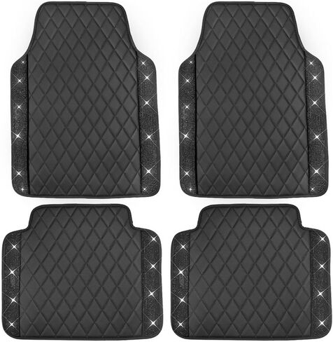 Universal Car Floor Mats,Faux Black Leather with Pink Diamond Carpet Glitter Crystal Rhinestones All Weather Waterproof Auto Liners Foot Pads Set in Saudi Arabia