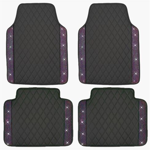 Universal Car Floor Mats,Faux Black Leather with Pink Diamond Carpet Glitter Crystal Rhinestones All Weather Waterproof Auto Liners Foot Pads Set in Saudi Arabia