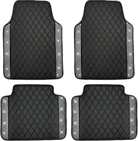 Universal Car Floor Mats,Faux Black Leather with Pink Diamond Carpet Glitter Crystal Rhinestones All Weather Waterproof Auto Liners Foot Pads Set in Saudi Arabia
