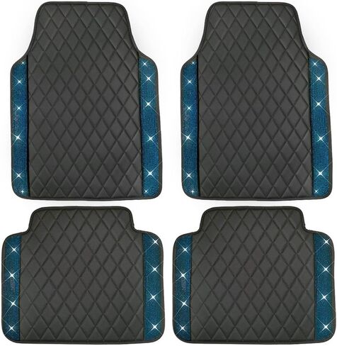 Universal Car Floor Mats,Faux Black Leather with Pink Diamond Carpet Glitter Crystal Rhinestones All Weather Waterproof Auto Liners Foot Pads Set in Saudi Arabia