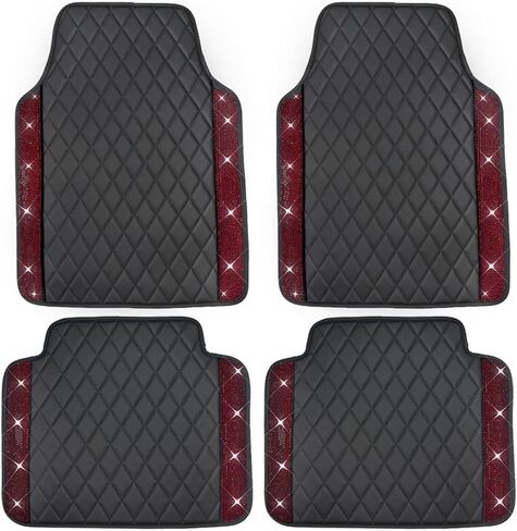 Universal Car Floor Mats,Faux Black Leather with Pink Diamond Carpet Glitter Crystal Rhinestones All Weather Waterproof Auto Liners Foot Pads Set in Saudi Arabia