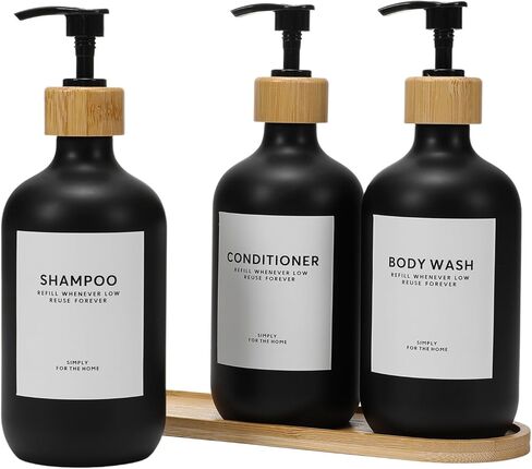 Shampoo and Conditioner Dispenser,16.9oz Set of 3 Plastic Refillable Shower Shampoo Dispenser with Bamboo Tray, Reusable Pump Bottles with Labels for Bathroom Décor (White+Bamboo Tray) in Saudi Arabia