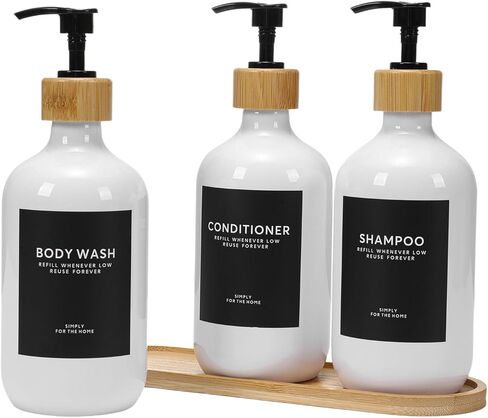Shampoo and Conditioner Dispenser,16.9oz Set of 3 Plastic Refillable Shower Shampoo Dispenser with Bamboo Tray, Reusable Pump Bottles with Labels for Bathroom Décor (White+Bamboo Tray) in Saudi Arabia