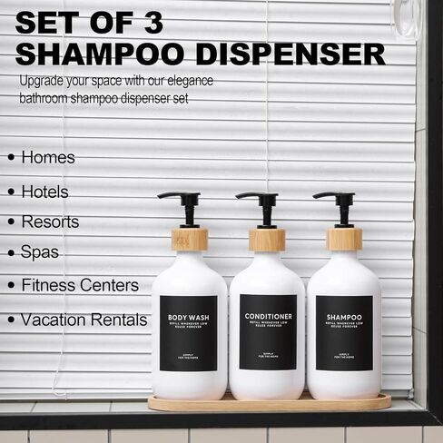Shampoo and Conditioner Dispenser,16.9oz Set of 3 Plastic Refillable Shower Shampoo Dispenser with Bamboo Tray, Reusable Pump Bottles with Labels for Bathroom Décor (White+Bamboo Tray) in Saudi Arabia
