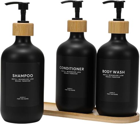 Shampoo and Conditioner Dispenser,16.9oz Set of 3 Plastic Refillable Shower Shampoo Dispenser with Bamboo Tray, Reusable Pump Bottles with Labels for Bathroom Décor (White+Bamboo Tray) in Saudi Arabia