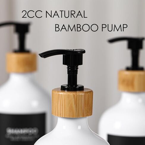 Shampoo and Conditioner Dispenser,16.9oz Set of 3 Plastic Refillable Shower Shampoo Dispenser with Bamboo Tray, Reusable Pump Bottles with Labels for Bathroom Décor (White+Bamboo Tray) in Saudi Arabia