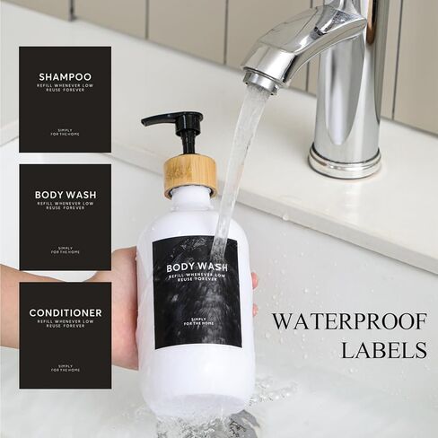 Shampoo and Conditioner Dispenser,16.9oz Set of 3 Plastic Refillable Shower Shampoo Dispenser with Bamboo Tray, Reusable Pump Bottles with Labels for Bathroom Décor (White+Bamboo Tray) in Saudi Arabia