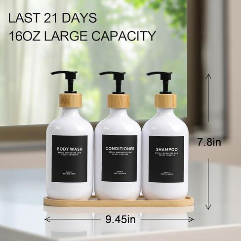 Shampoo and Conditioner Dispenser,16.9oz Set of 3 Plastic Refillable Shower Shampoo Dispenser with Bamboo Tray, Reusable Pump Bottles with Labels for Bathroom Décor (White+Bamboo Tray) in Saudi Arabia