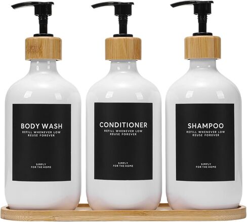 Shampoo and Conditioner Dispenser,16.9oz Set of 3 Plastic Refillable Shower Shampoo Dispenser with Bamboo Tray, Reusable Pump Bottles with Labels for Bathroom Décor (White+Bamboo Tray) in Saudi Arabia