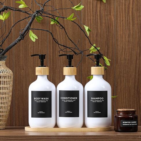 Shampoo and Conditioner Dispenser,16.9oz Set of 3 Plastic Refillable Shower Shampoo Dispenser with Bamboo Tray, Reusable Pump Bottles with Labels for Bathroom Décor (White+Bamboo Tray) in Saudi Arabia