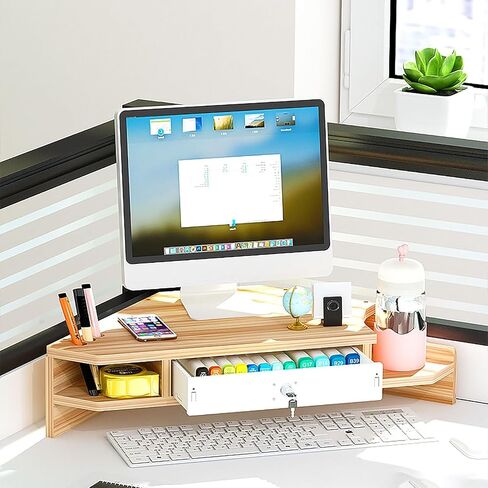 Corner Monitor Stand 2 Levels White Monitor Stand with Drawer and Keys, 55cm Long Desk Organiser Computer Riser Shelf, MDF Monitor Lift Desk Storage Rack (Color : Light Brown), in Saudi Arabia