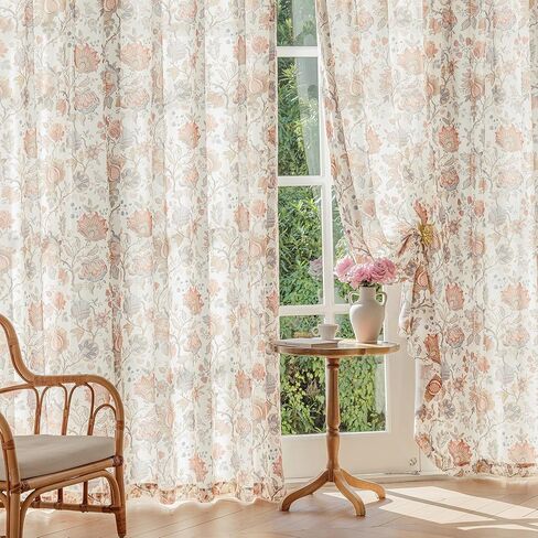 FMFUNCTEX Boho Floral Semi Sheer Curtains for Bedroom, Beige Printed Vintage Flower Curtains 96 Inches Long for Living Room, Voile Light Filtering Privacy Window Drapes Rod Pocket 2 Panels in Kuwait