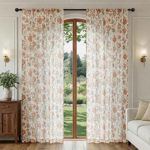 FMFUNCTEX Boho Floral Semi Sheer Curtains for Bedroom, Beige Printed Vintage Flower Curtains 96 Inches Long for Living Room, Voile Light Filtering Privacy Window Drapes Rod Pocket 2 Panels in Kuwait