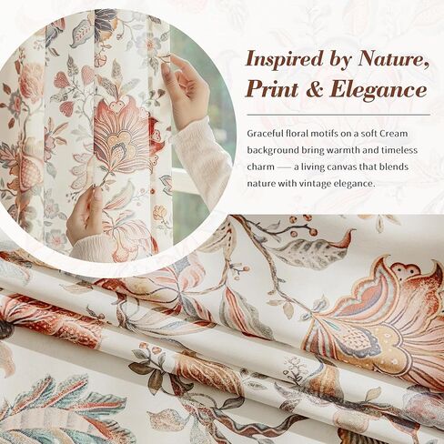 FMFUNCTEX Boho Floral Semi Sheer Curtains for Bedroom, Beige Printed Vintage Flower Curtains 96 Inches Long for Living Room, Voile Light Filtering Privacy Window Drapes Rod Pocket 2 Panels in Kuwait