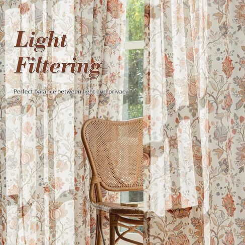FMFUNCTEX Boho Floral Semi Sheer Curtains for Bedroom, Beige Printed Vintage Flower Curtains 96 Inches Long for Living Room, Voile Light Filtering Privacy Window Drapes Rod Pocket 2 Panels in Kuwait