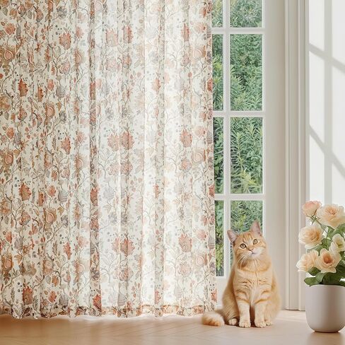 FMFUNCTEX Boho Floral Semi Sheer Curtains for Bedroom, Beige Printed Vintage Flower Curtains 96 Inches Long for Living Room, Voile Light Filtering Privacy Window Drapes Rod Pocket 2 Panels in Kuwait