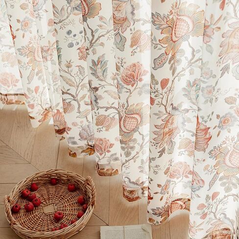 FMFUNCTEX Boho Floral Semi Sheer Curtains for Bedroom, Beige Printed Vintage Flower Curtains 96 Inches Long for Living Room, Voile Light Filtering Privacy Window Drapes Rod Pocket 2 Panels in Kuwait