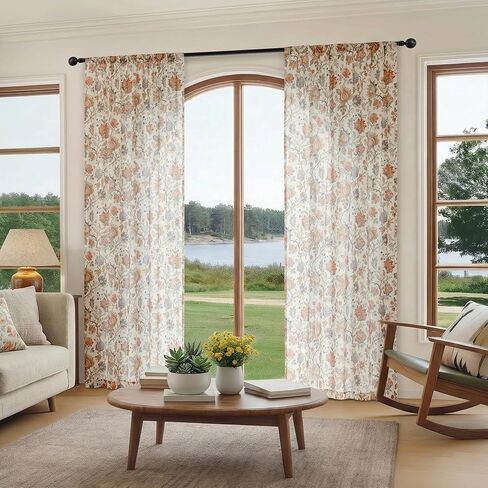 FMFUNCTEX Boho Floral Semi Sheer Curtains for Bedroom, Beige Printed Vintage Flower Curtains 96 Inches Long for Living Room, Voile Light Filtering Privacy Window Drapes Rod Pocket 2 Panels in Kuwait