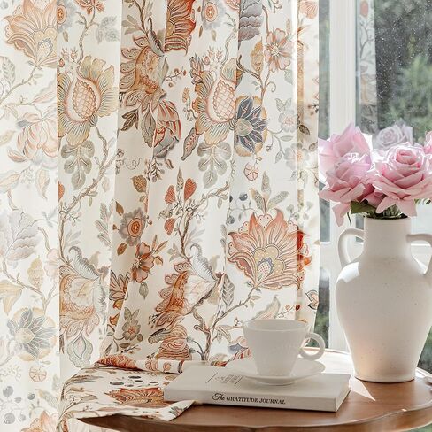 FMFUNCTEX Boho Floral Semi Sheer Curtains for Bedroom, Beige Printed Vintage Flower Curtains 96 Inches Long for Living Room, Voile Light Filtering Privacy Window Drapes Rod Pocket 2 Panels in Kuwait