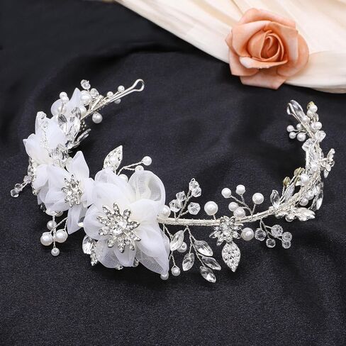 oriamour زهرة فتاة خوذة العاج تول الزهور الزفاف عقال للفتيات العرائس، الأميرة لؤلؤة الشعر الملحقات لحفلة عيد ميلاد، بالتواصل الأول خوذة الزفاف للنساء in Kuwait