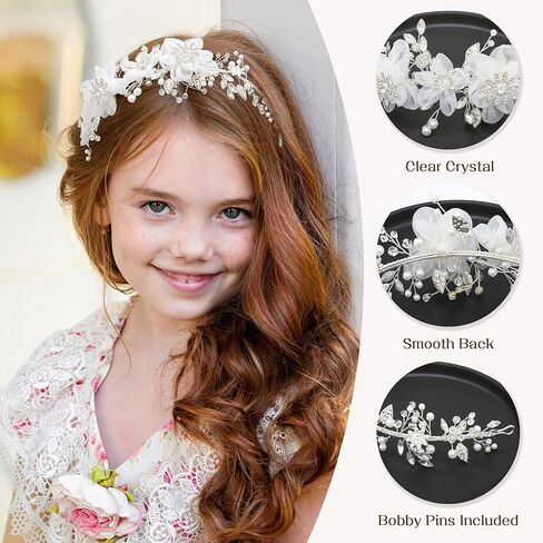 oriamour زهرة فتاة خوذة العاج تول الزهور الزفاف عقال للفتيات العرائس، الأميرة لؤلؤة الشعر الملحقات لحفلة عيد ميلاد، بالتواصل الأول خوذة الزفاف للنساء in Kuwait