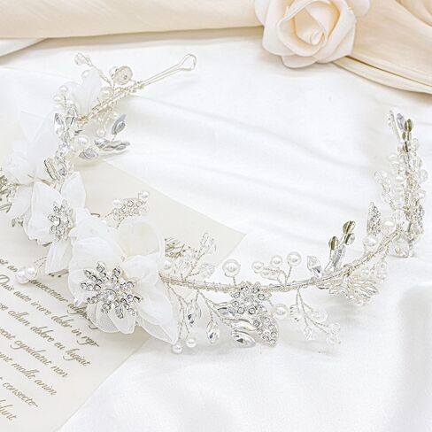 oriamour زهرة فتاة خوذة العاج تول الزهور الزفاف عقال للفتيات العرائس، الأميرة لؤلؤة الشعر الملحقات لحفلة عيد ميلاد، بالتواصل الأول خوذة الزفاف للنساء in Kuwait