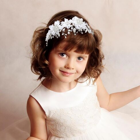 oriamour زهرة فتاة خوذة العاج تول الزهور الزفاف عقال للفتيات العرائس، الأميرة لؤلؤة الشعر الملحقات لحفلة عيد ميلاد، بالتواصل الأول خوذة الزفاف للنساء in Kuwait