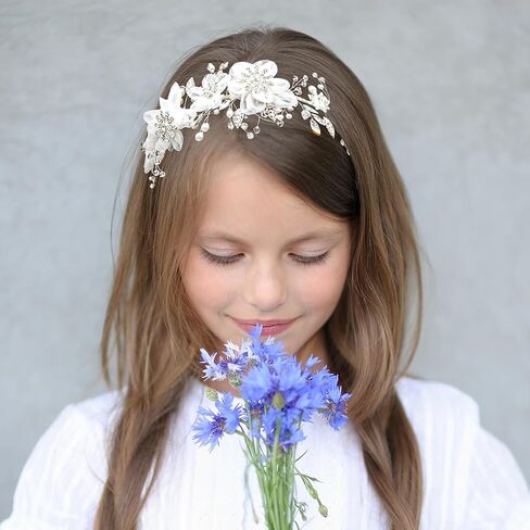 oriamour زهرة فتاة خوذة العاج تول الزهور الزفاف عقال للفتيات العرائس، الأميرة لؤلؤة الشعر الملحقات لحفلة عيد ميلاد، بالتواصل الأول خوذة الزفاف للنساء in Kuwait