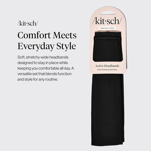 Kitsch Headbands for Women Non Slip - Running Headbands for Girls, Ideal for Working Out, Yoga, Gym, or Lounging | Stretchy Head Bands | Fashion Hair Accessories - Black, 3pcs in Kuwait