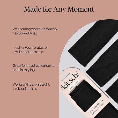 Kitsch Headbands for Women Non Slip - Running Headbands for Girls, Ideal for Working Out, Yoga, Gym, or Lounging | Stretchy Head Bands | Fashion Hair Accessories - Black, 3pcs in Kuwait