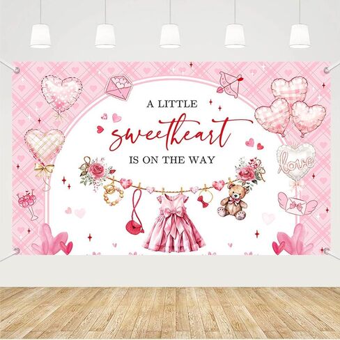 MEHOFOND 7x5ft Pink Sweetheart Baby Shower Backdrop A Little Sweetheart is on The Way Baby Shower Photography Background Pastel Valentine's Day Baby Shower Party Decoration Cake Smash Photo Props in Kuwait