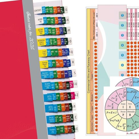 Index Tabs for NEC 2026 Code Book – Color-Coded for Quick Navigation – with Wire & Raceway Chart, Formula Guide, 2 Ohm’s Law Stickers, Page Numbers Sheet & Alignment Guide (Book Not Included) in Kuwait