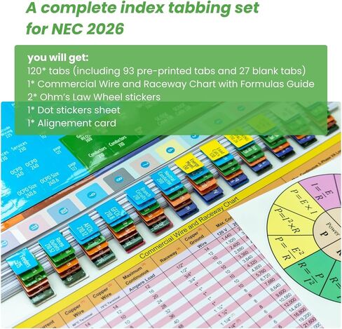 Index Tabs for NEC 2026 Code Book – Color-Coded for Quick Navigation – with Wire & Raceway Chart, Formula Guide, 2 Ohm’s Law Stickers, Page Numbers Sheet & Alignment Guide (Book Not Included) in Kuwait