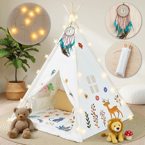 خيمة Teepee للأطفال ، خيمة لعب الأطفال الطبيعية مع الأعلام الملونة و MAT و Dream Catcher ، أطفال قابلة للطي Teepee Tent من السهل التجميع للفتيات والفتيان in Kuwait
