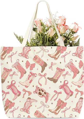 Pink Bow Tote Bags For Women, Pink Bow Canvas Tote Bag, Western Cowgirl Themed Gifts, Birthday Bachelorette Gifts For Cowgirl Family Friends, Cute Shoulder Bag For Work Shopping Travel Holiday, b14 in Kuwait