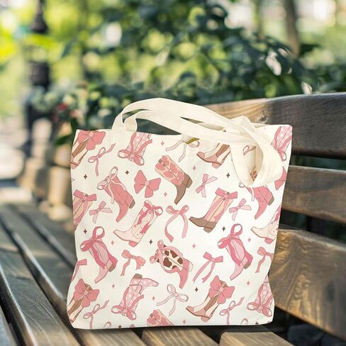 Pink Bow Tote Bags For Women, Pink Bow Canvas Tote Bag, Western Cowgirl Themed Gifts, Birthday Bachelorette Gifts For Cowgirl Family Friends, Cute Shoulder Bag For Work Shopping Travel Holiday, b14 in Kuwait
