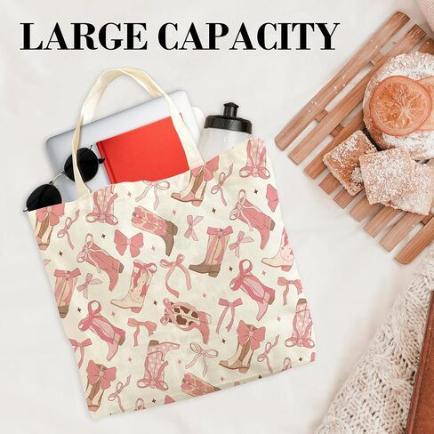 Pink Bow Tote Bags For Women, Pink Bow Canvas Tote Bag, Western Cowgirl Themed Gifts, Birthday Bachelorette Gifts For Cowgirl Family Friends, Cute Shoulder Bag For Work Shopping Travel Holiday, b14 in Kuwait