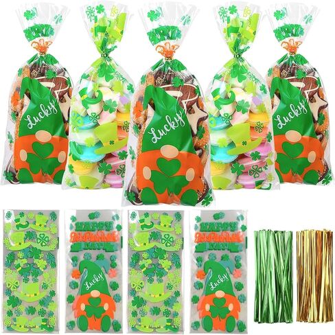 DIYASY 150 PCS St. Patrick's Cellophane Treat Acags ، حقائب الحلوى البلاستيكية Lucky Shamrock Goodie Cello Bag مع 180 Twist Ties for Irish Day Party Form in Kuwait