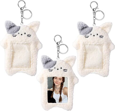 Photocard Holder Keychain Plush Cartoon, Cute Cartoon Plush Photocard Holder Cute Rabbit Kitten Photocards Holders Keychain, Outdoor Girl Korean Style Id Card Cover for Id Card, White in Kuwait