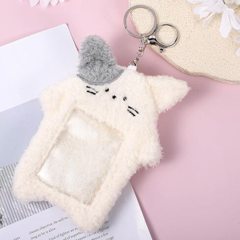 Photocard Holder Keychain Plush Cartoon, Cute Cartoon Plush Photocard Holder Cute Rabbit Kitten Photocards Holders Keychain, Outdoor Girl Korean Style Id Card Cover for Id Card, White in Kuwait