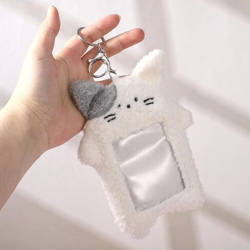 Photocard Holder Keychain Plush Cartoon, Cute Cartoon Plush Photocard Holder Cute Rabbit Kitten Photocards Holders Keychain, Outdoor Girl Korean Style Id Card Cover for Id Card, White in Kuwait