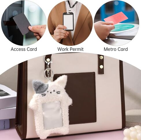 Photocard Holder Keychain Plush Cartoon, Cute Cartoon Plush Photocard Holder Cute Rabbit Kitten Photocards Holders Keychain, Outdoor Girl Korean Style Id Card Cover for Id Card, White in Kuwait